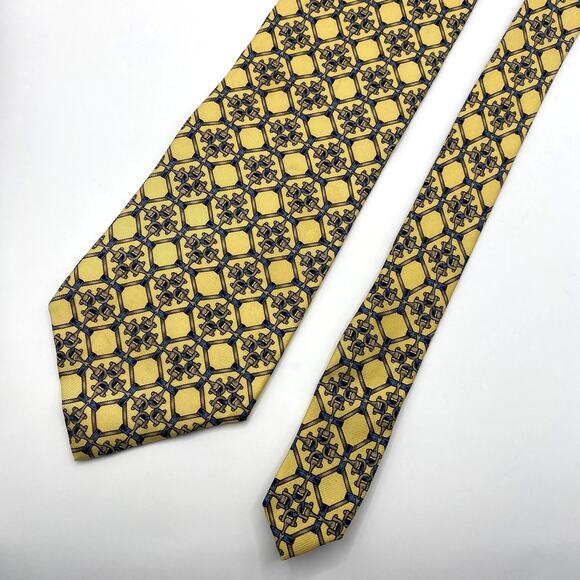 Claybrooke Men's Pure Silk Tie Necktie Yellow Horseshoe Geometric Barn Wedding - Picture 3 of 7